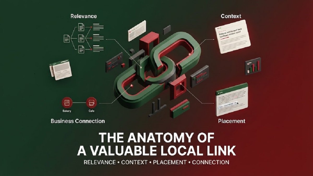 3D visualization of a valuable local link showing relevance, editorial context, strategic placement, and business connections in a green and red digital ecosystem.