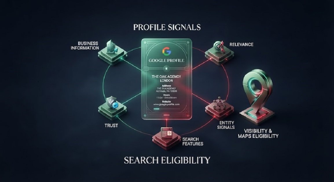 A premium 3D visualization of Google Profile Optimization, showing how structured business information, relevance, trust signals, and entity connections can influence which local search features a business profile may surface in.