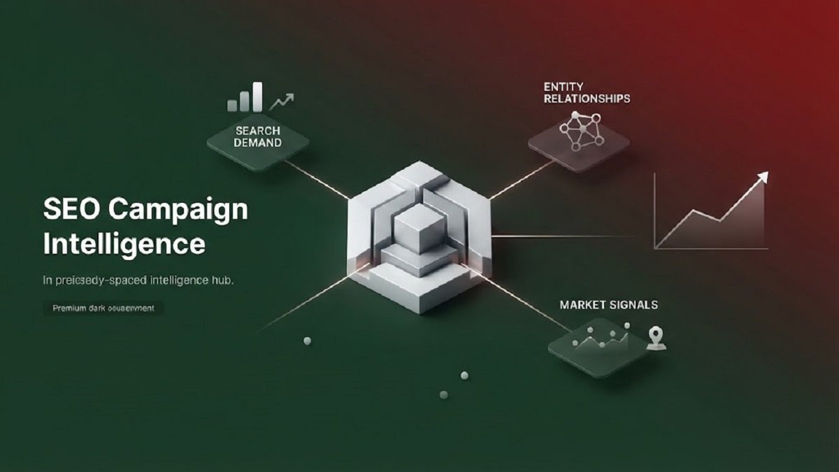 SEO campaign intelligence dashboard showing search demand, entities, and market signals