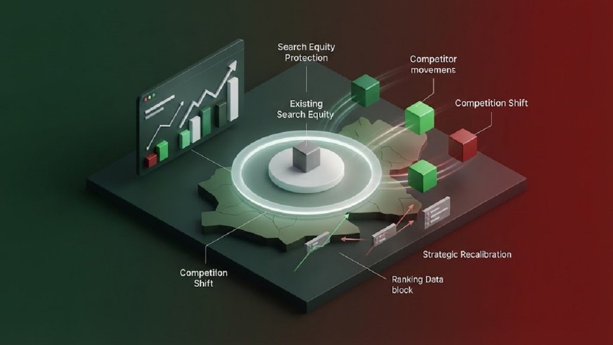 3D visualization of changing local competition and SEO strategy with competitor location markers and search data